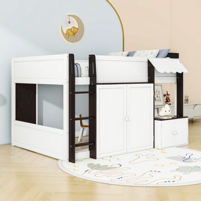 Full Size Loft House Bed with Ladder and Cabinet