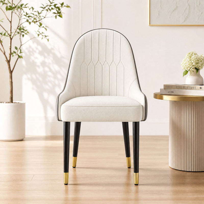 （Set of 4）Neutral Two-Tone Upholstered Multi-Use Chair, Old Money Aesthetic Dining/Beauty Salon/Vanity Chair, Black Legs with Gold Tips, Curved Back Side Chairs