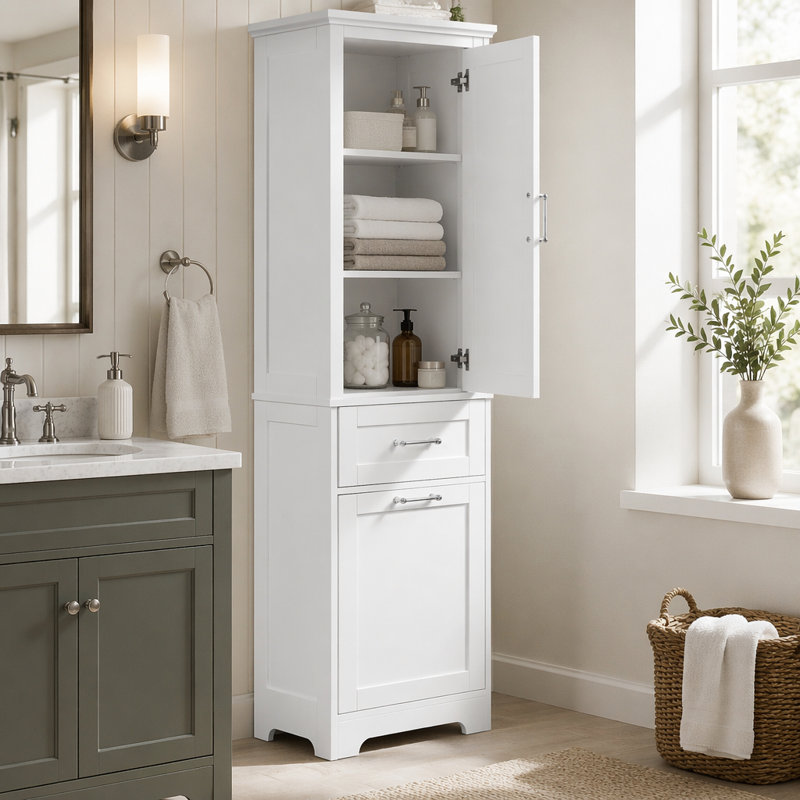 Grande armoire de rangement pour salle de bain, armoire de rangement autoportante avec deux tiroirs de tailles différentes et tablette réglable, panneau de fibres à densité moyenne avec finition peinte, blanc