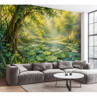 Wall Mural Peel and Stick Wallpaper Serene Forest Pond Lily Pads Water Lilies Sunlit Woodland Water Self-Adhesive Removable Contact Paper Wall Decor for Living Room Bedroom 100"H x 144"W