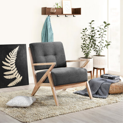 Chaise en tissu gris foncé, structure en bois d'hévéa massif, hauteur 32,5 po, fabrication de finition antique, profondeur d'assise de 22 po, style moderne