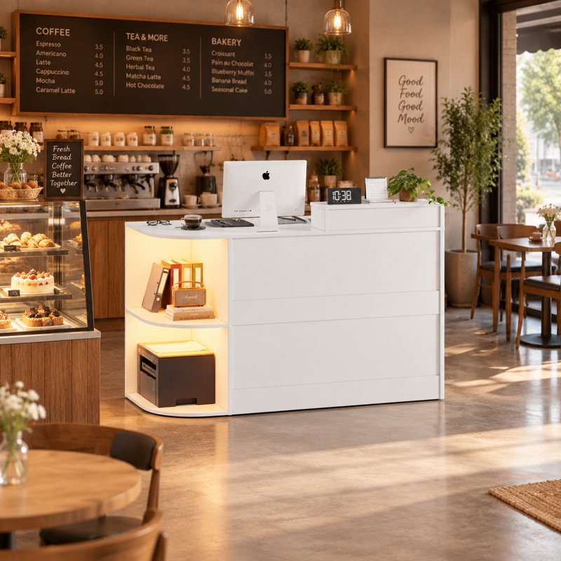 Bureau de réception avec rangement ouvert et lumières à DEL, comptoir avant moderne l 47,2 po avec support d'affichage double couche, tiroirs verrouillables, plateau à clavier pour salon de beauté, magasin de détail, bar