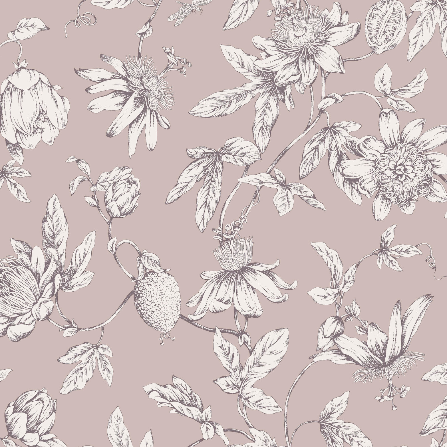 Passion Flower Toile Floral Wallpaper, Orchid