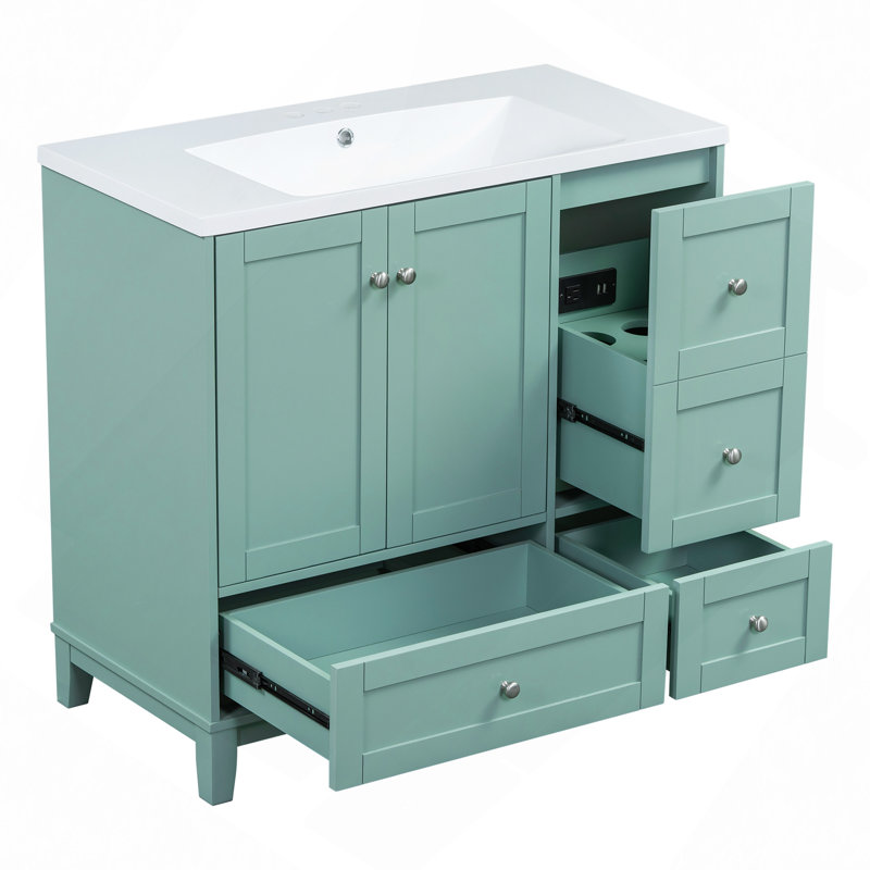 Meuble-lavabo moderne 36 po avec chargement USB, deux portes et trois tiroirs avec meuble-lavabo, petit meuble-lavabo avec lavabo simple
