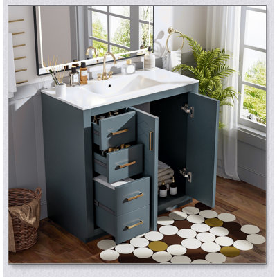 Meuble-lavabo 36 po avec lavabo en céramique, structure en bois massif, 3 tiroirs et portes à fermeture douce pour un rangement moderne