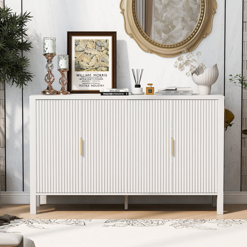 57.5" W 4-door 4-shelf Wood Storage File Cabinet Credenza, White