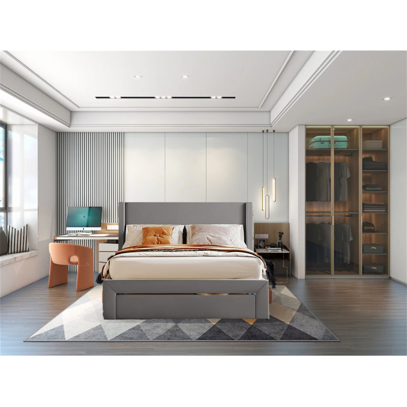 Lit plateforme tapissier avec rangement Ixchell, Double, Bleu