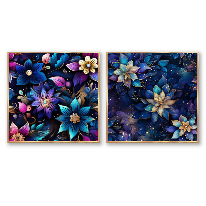 Celian - Ensemble de 2 collages floraux et botaniques carrés, Cadre flottant doré, H 36 po x l 73 po