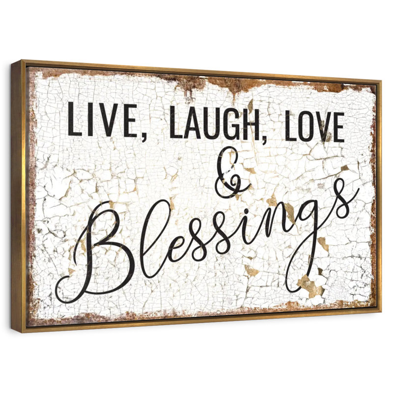 Live Laugh Love and Blessings, typographie, Cadre flottant doré, 43 po x 29 po
