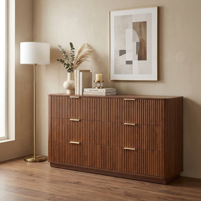 Commode à 6 tiroirs de 55 po de largeur avec forme ondulée, meuble télé en noyer et commode pour la chambre à coucher, le salon, le couloir