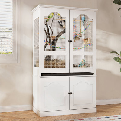 Large Floor Bird Cage With Removable Tray, Gridded Base, And Storage Cabinet