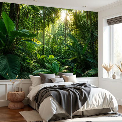 Papier peint adhésif autocollant à motif d'arbres tropicaux soleil de la jungle, papier autocollant amovible pour salle de séjour H 69 po x l 96 po