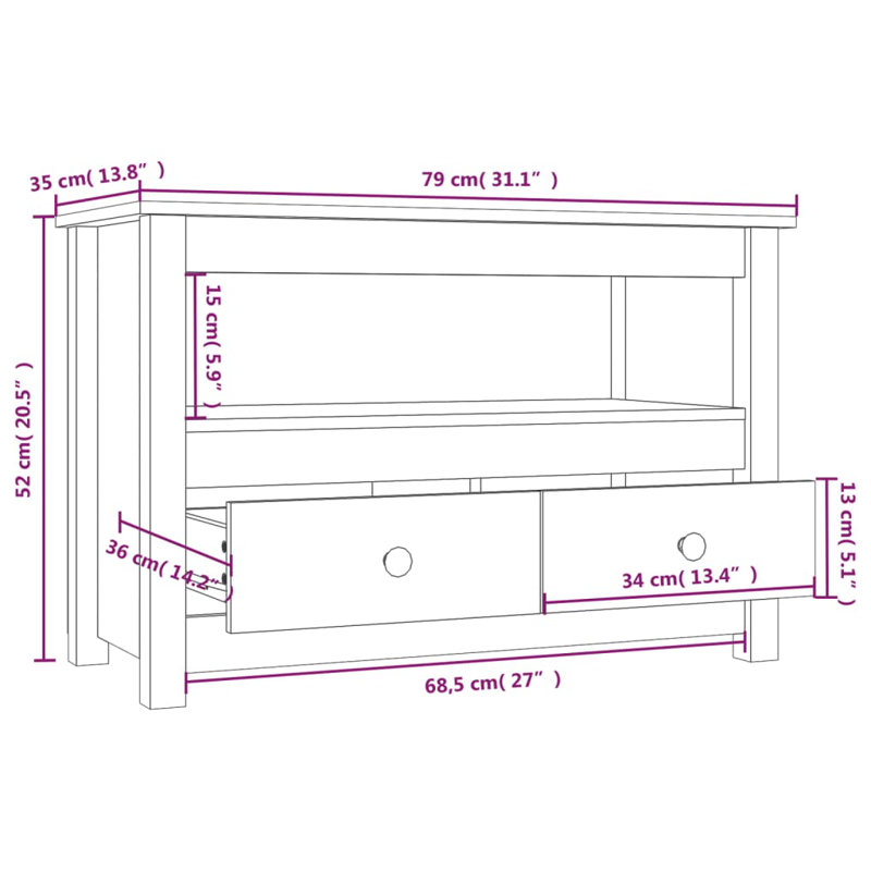 TV Cabinet Solid Pine Wood Large TV Cabinet Rectangular, Black, 20.5"H x 31.1"L x 13.8"W