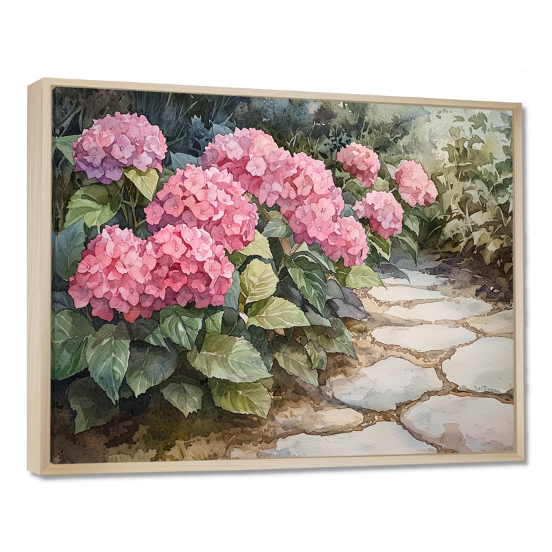 Hydrangées dans l'allée de jardin monochrome I - Hydrangées, reproductions encadrées, H 30 po x l 40 po, Toile tendue
