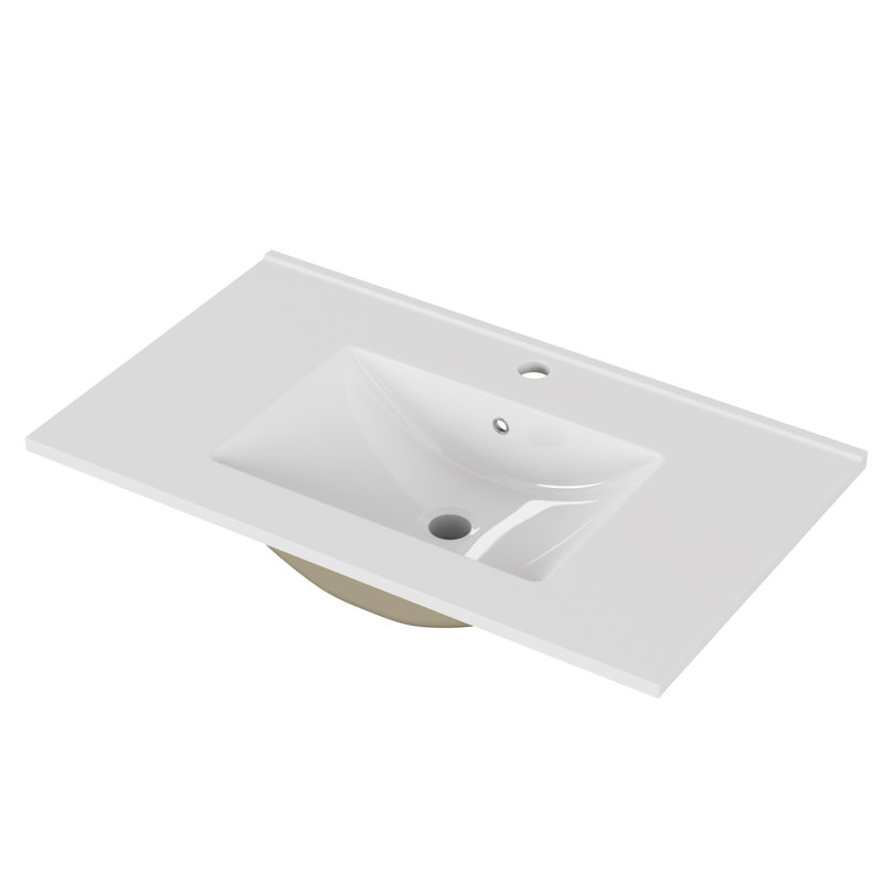 32-Inch White Ceramic Bathroom Sink - Fits 32-Inch Vanity, Pre-Drilled Faucet Hole, Sleek Minimalist Aesthetic, Durable & Easy To Clean