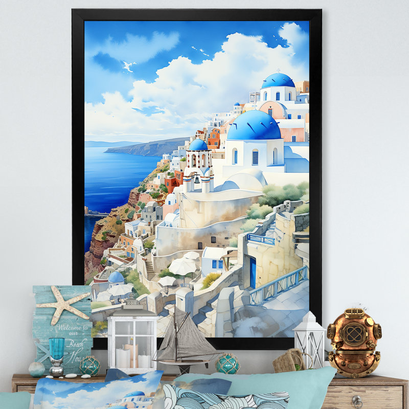 «Greek Isles Coastal Village Dreams I», art mural Grèce, Cadre flottant brun, H 20 po x l 12 po x P 1 po