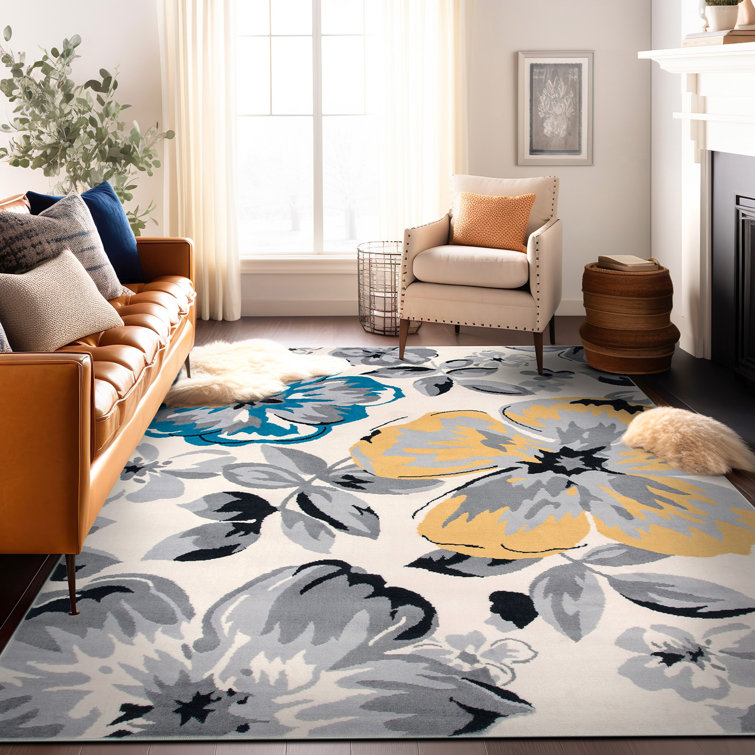 Modern Floral Cream/Yellow/Blue Performance Area Rug