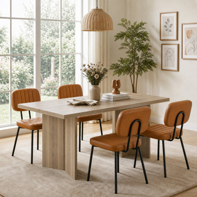 Ensemble de salle à manger rectangulaire 5 pièces Amiin, table fixe en bois veiné (1,6 m / 1,8 m) avec chaises rembourrées, style ferme moderne pour salle à manger ou cuisine.