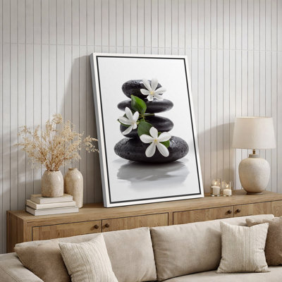 «Zen Stones Basalt with Calmer Plumeria Flowers Relaxing Bathroom», reproduction d'art sur toile