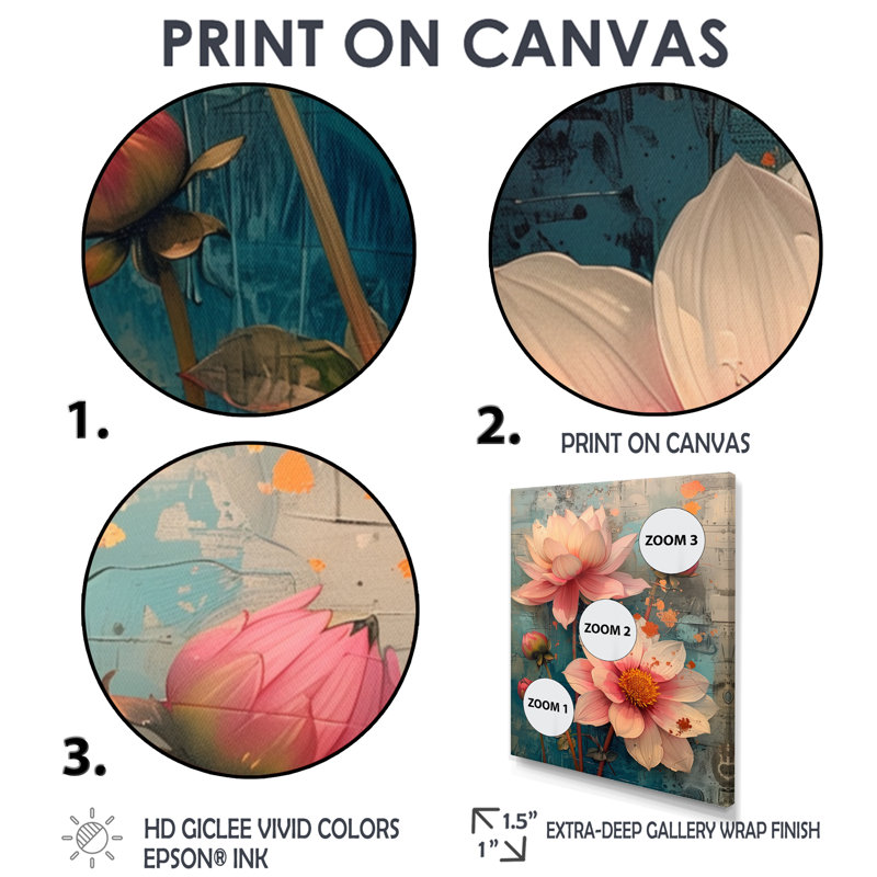 «Dahlia Collage II» - art mural rose, Cadre flottant doré, H 12 po x l 20 po