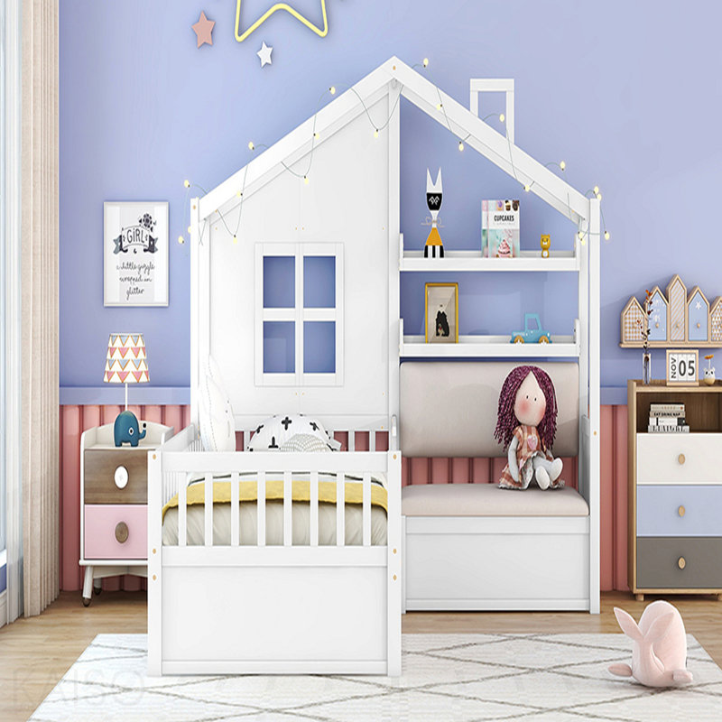 Structure de lit simple avec canapé, base de lit pour enfant avec deux tiroirs et tablette de rangement