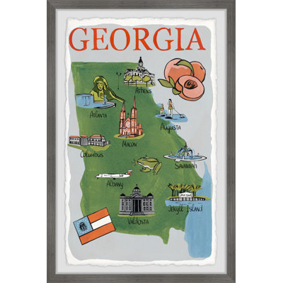 Carte illustrée de la Géorgie, l'État de la pêche - Reproduction d'art graphique sur papier encadré
