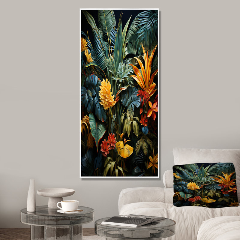 Mystic Tropical Flowers Composition - Fleurs saisonnières, Cadre flottant blanc, 32" H x 16" W