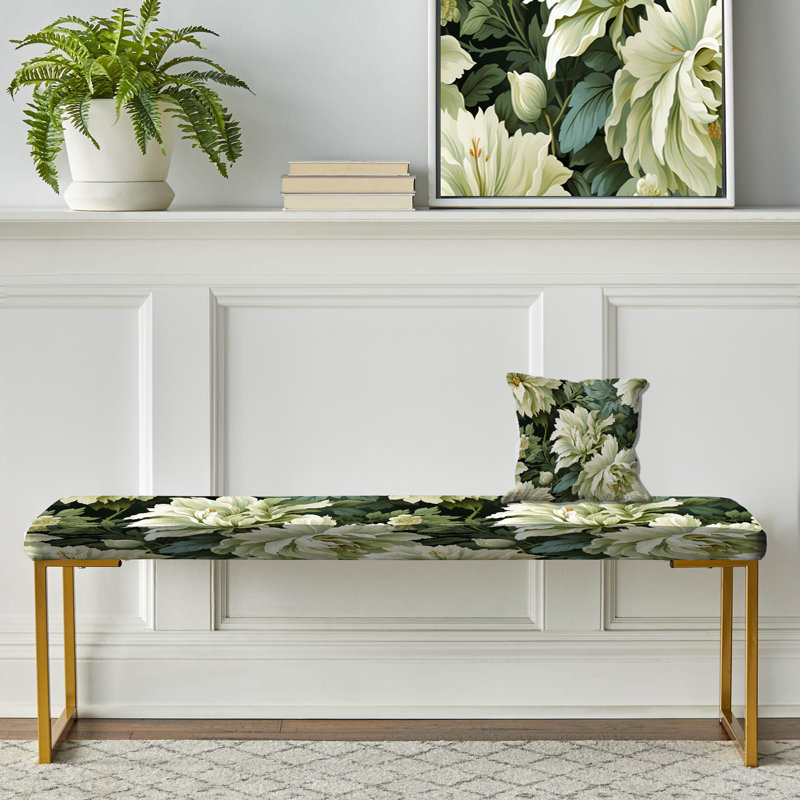 Green Damask Marigold Oasis - Damask Upholstered Gold Bench