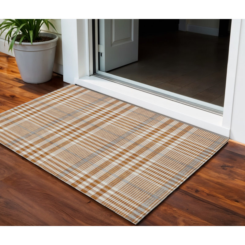 HomeRoots 3' X 5' Brown Beige And Beige Plaid Washable Indoor Outdoor Area Rug