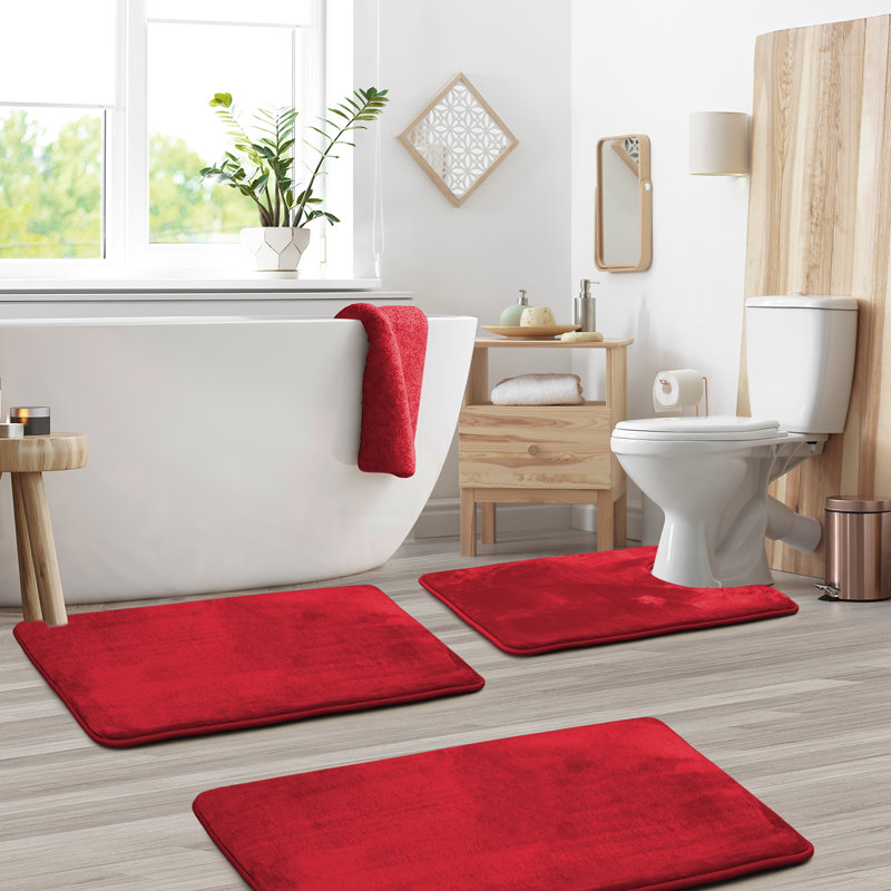 Aighan 3 Piece Ultra Soft and Absorbent Memory Foam Bath Rug Set with Non-Slip Backing, Red