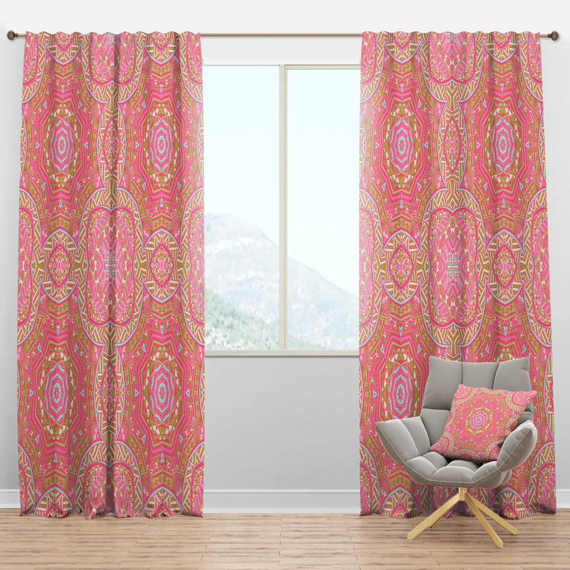 Pink and Green Star Mandala - Bohemian Curtain - Velvet Room darkening - 1 panel, 52"W x 84"L