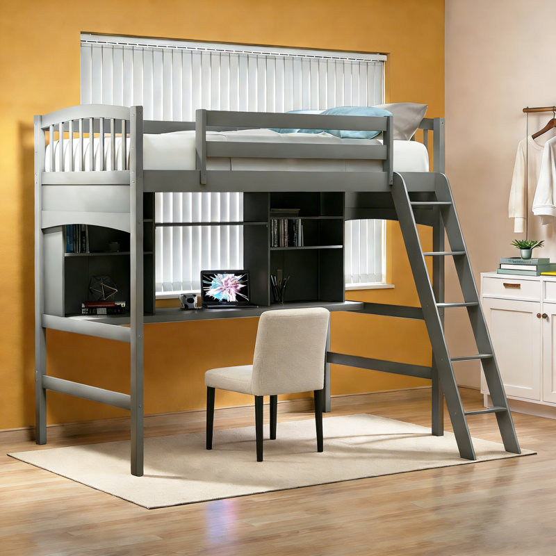 Loft Bed With Built In Desk And Storage Shelves, Twin Size, Gray