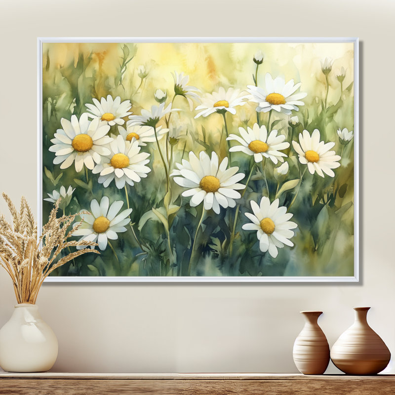 Summer Daisy Glow II - prairie blanche, art mural, H 12 po x l 20 po, Cadre flottant blanc
