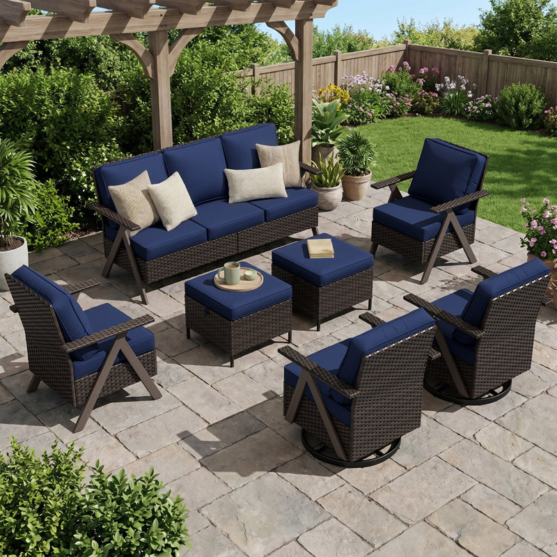 7-Piece Outdoor Patio PE Wicker Set With 3-Seat Sofa, 4 Chairs, 2 Ottomans & Blue Cushion, Blue