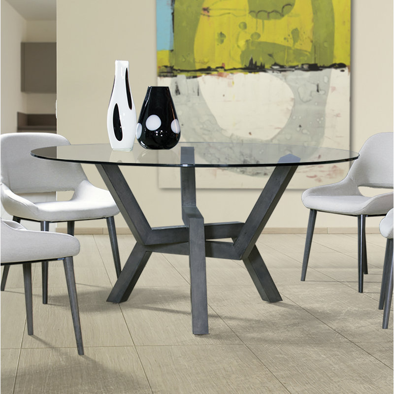 Kaira Round Glass Top Solid Wood Base Dining Table, Java