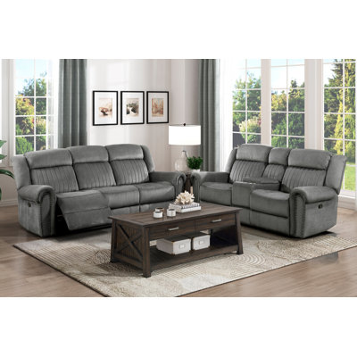 2pc Reclining Sofa Set Plush Comfort Sofa Loveseat Charcoal Gray Microfiber Upholstery Solid Wood Living Room Furniture
