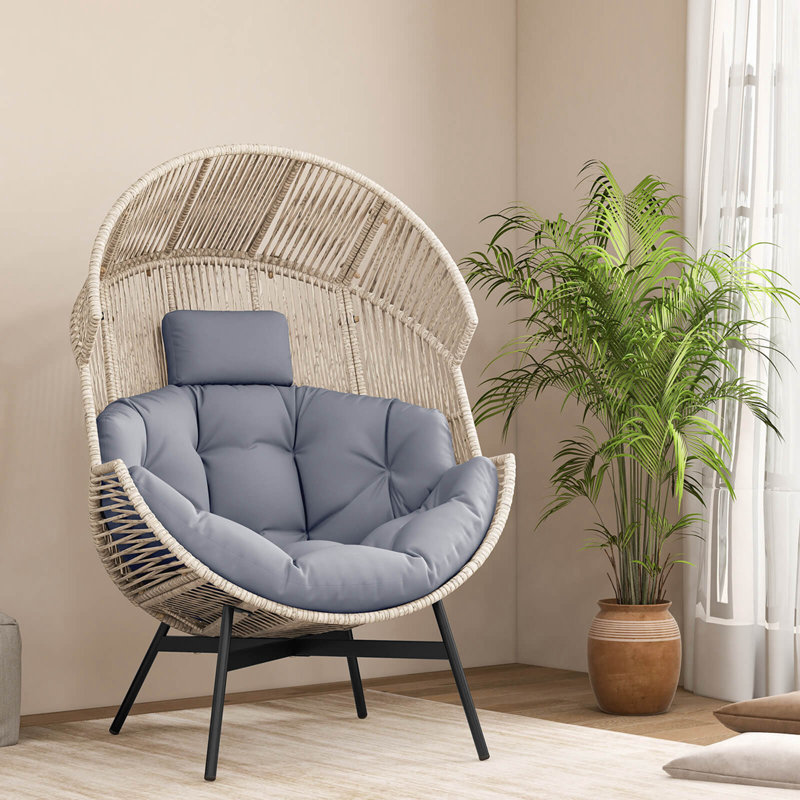Oversized Egg Style Chair With Cushions & Headrest Heavy-duty Metal Frame For Yard, Grey