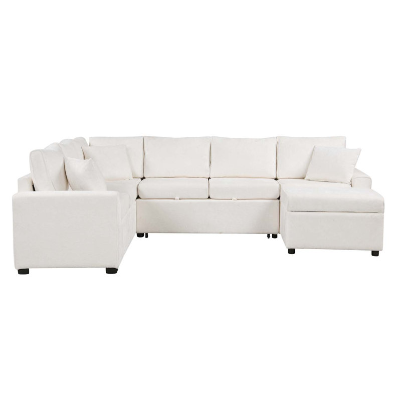 Divan-lit modulaire avec canapé-lit de rangement de 112,2 po avec repose-pieds avec rangement, trois coussins et dispositifs de charge pour le salon, crème