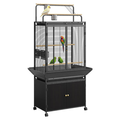Spacious Rolling Bird Cage with Play Top & Storage Cabinet,Sturdy Metal Flight Cage with Stand & Wheels,Indoor/Outdoor Use, for Parrot, Macaw, Cockatiel, Budgie