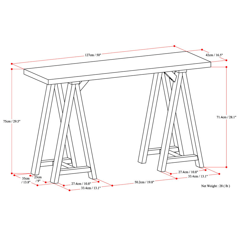 Sawhorse Dark Chestnut Brown Solid Wood Console Table with Storage