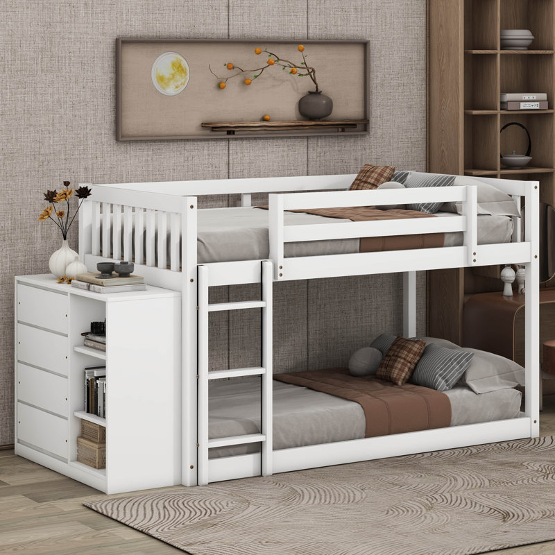 Twin Over Twin Bunk Bed With Drawers And Shelves, White