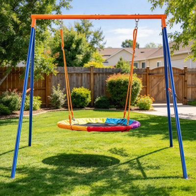 Metal A-Frame Swing Set for Backyard, 40 Inch Large Saucer Swing Seat, Heavy Duty Outdoor Swing Frame Supports up to 440 LBS for Kids Playground