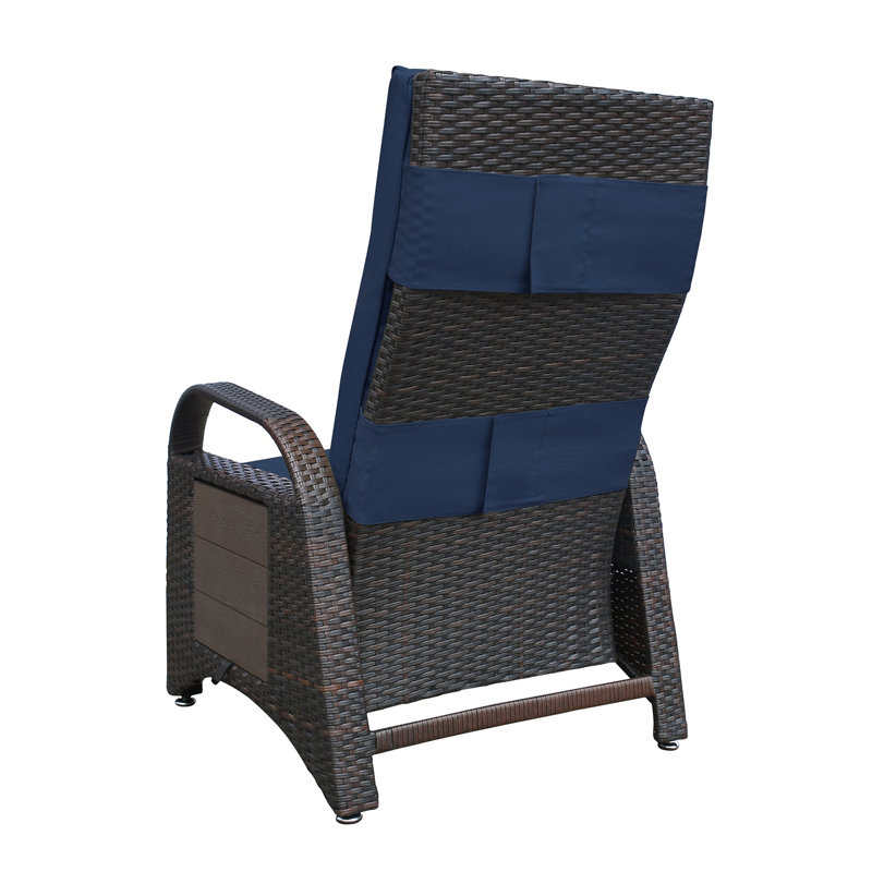 Fauteuil inclinable d'extérieur en osier PE avec table d'appoint intégrée et coussin amovible, bleu marine, Blue