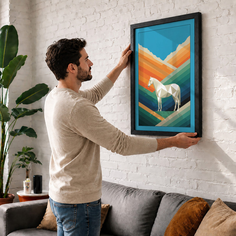 Horse in Motion Geometric - Framed Print, A1 - 84.1 x 59.4 cm, Black