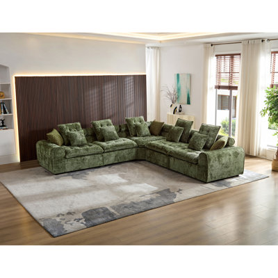 124.3" Green Fluffy Lamb Wool Sectional Sofa, Oversized Deep Seat L Shaped Modular Corner Couch, Plush Cloud Comfy Large Combination Sofa with Throw Pillows for Living Room