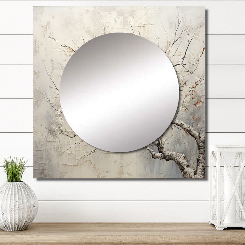 Tree Monochrome Whispers Of Beige - Floral Square Living Room Wall Mirror Art, 23" x 23"