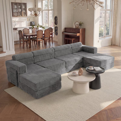 Sisler 6 Piece Upholstered 141.6" Oversized Convertible Modular Corduroy Compression Sectional Sofa, L Shape Boneless Couch, No Assembly, with Storage Pockets