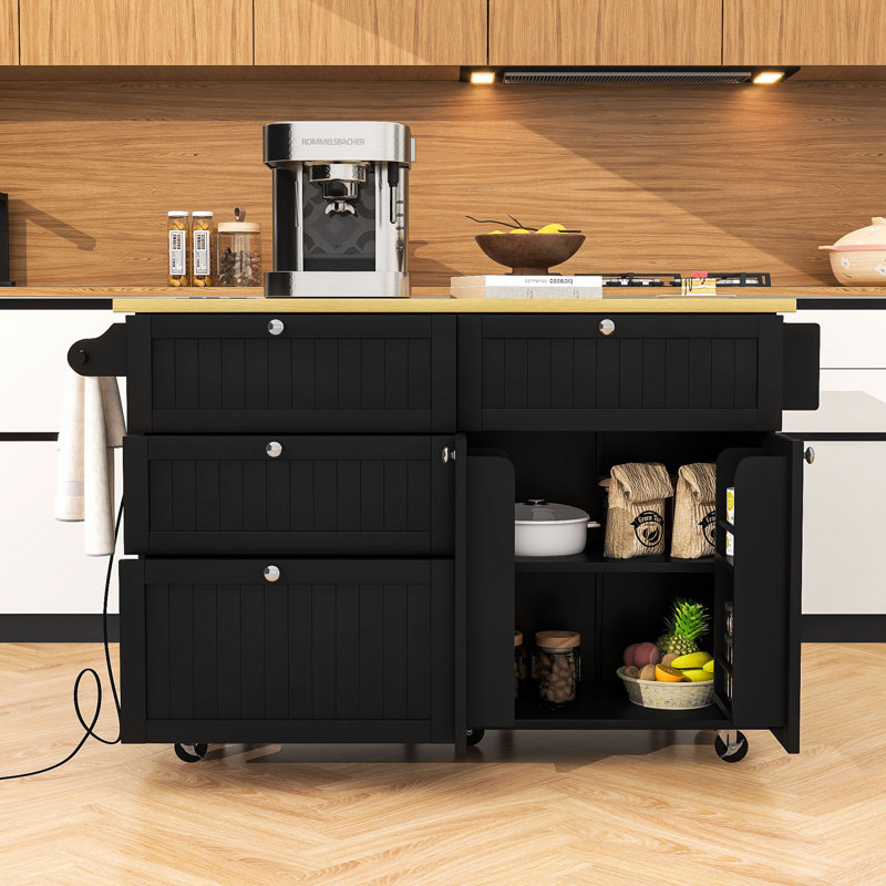 Adda Rustic Storage Kitchen Island Set with Expandable Drop-Leaf Tabletop and 2 Stools, Black