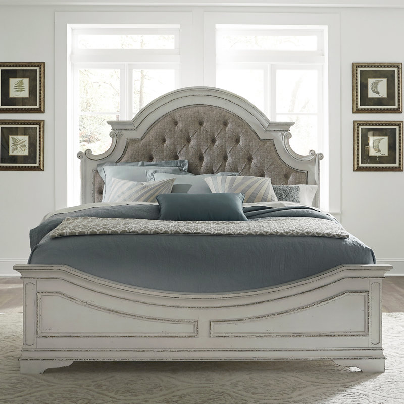 Colchester King Upholstered Bed, Dresser & Mirror, Chest, Nightstand Bedroom Set, Antique White, King