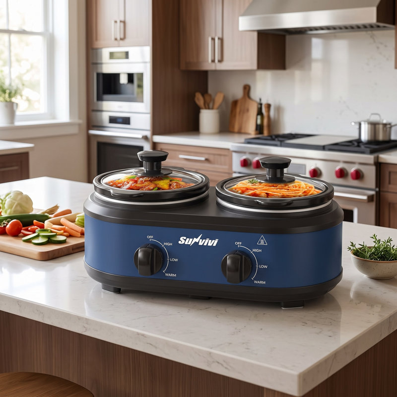 Mijoteuse double de 2,5 litres avec chauffe-plats et 2 récipients amovibles de 1,25 litre, thermostat réglable et couvercles en verre transparent bleu pour la cuisine